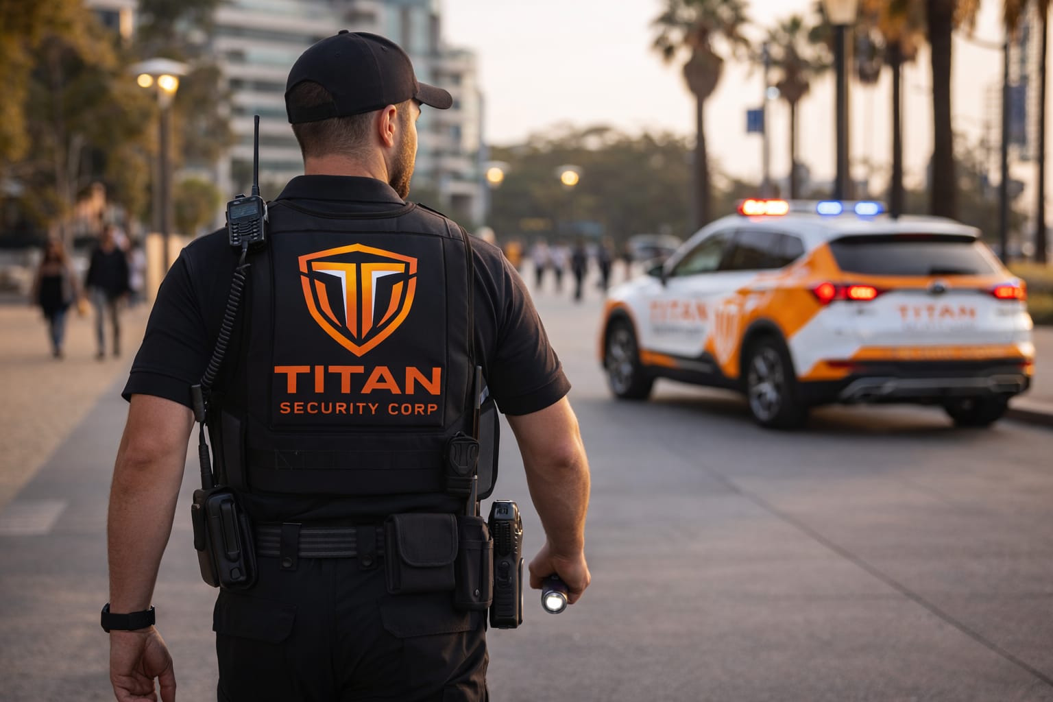 Rear view of a figure in a Titan Security uniform near a branded patrol vehicle