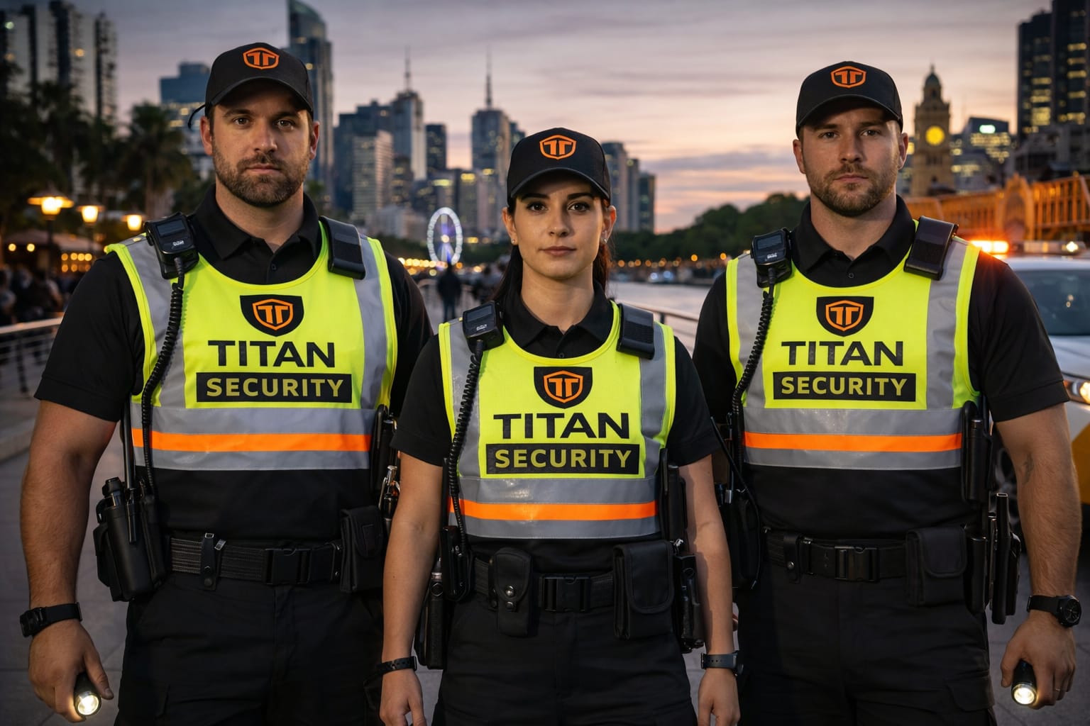 Three figures wearing Titan Security uniforms beside the river